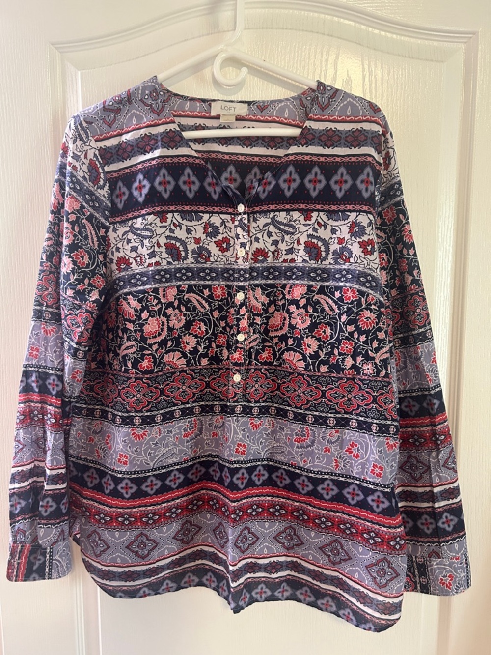 LOFT Navy and Pink Mix Print Button-Front Blouse